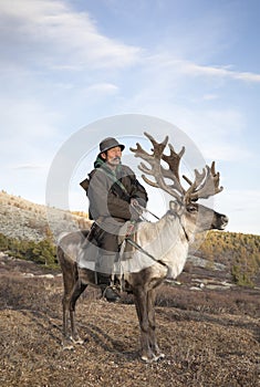 tsaatan man, dressed in a traditional deel, riding his reindeers