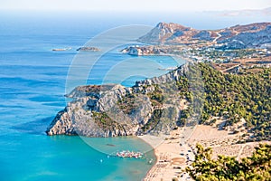 Tsambika beach view from the Tsambika monastery on Rhodes island, Greece