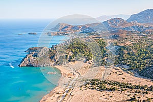 Tsambika beach view from the Tsambika monastery on Rhodes island, Greece