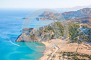 Tsambika beach view from the Tsambika monastery on Rhodes island, Greece