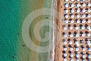 Tsampika beach with golden sand view from above, Rhodes, Greece. Aerial birds eye view of famous beach of Tsampika, Rhodes island