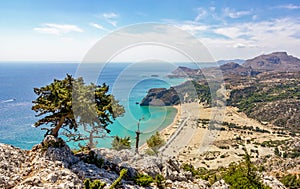 Tsampika beach and Rhodes island panorama from Tsampika mountain top, Greece