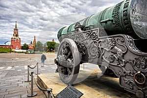 Tsar Cannon or Tzar-Pushka King of Cannons overlooking Moscow Kremlin towers, Russia