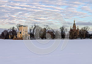 Tsaritsyn pavilion on the island, the first snow. Peterhof, Russia