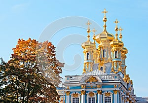 Tsarskoye Selo (Pushkin). Saint-Petersburg. Russia. The Catherine Palace with Church of the Resurrection