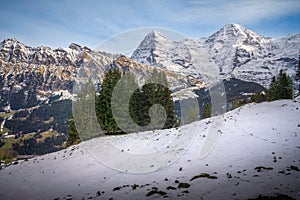 Tschuggen, Eiger and Monch Mountains at Swiss Alps - Lauterbrunnen, Switzerland