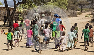 Tsemay children in traditional tribal village. Weita. Omo Valley. Ethiopia.