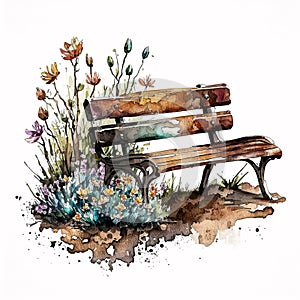 tSerenity in Bloom: Watercolor Wooden Garden Bench with Spring Flowers AI Generated