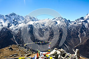 Tsergo ri with Prayers flags,  Nepal