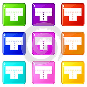 Tshaped crossroad icons 9 set