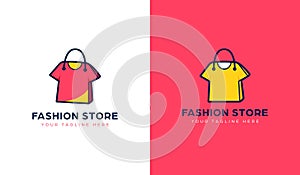 Tshirt clothing fashion store logo with shopping bag icon symbol in tee shape