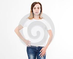 Tshirt design, people concept - closeup of woman in white shirt, front isolated. Mock up template for design print