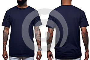 Tshirt mockup template, front and back view. Black man wearing blank tshirt, Male model wearing a dark navy blue color solid t-
