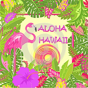 TShirt summery print with Aloha Hawaii lettering, pink flamingo, tropical leaves, hot sun and purple hibiscus for bag, Tshirt, sum