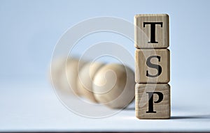 TSP - acronym on a wooden block on a white background with wooden balls photo