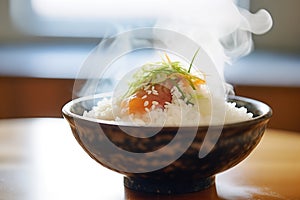 tsukemono garnish on top of steaming bowl of white rice