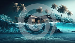 Tsunami big blue wave washes house and palm trees, natural disaster in tropical country. Generative AI