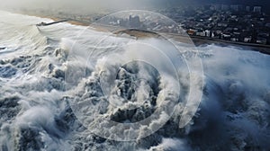 Tsunami big huge large wave. Apocalyptic dramatic background - giant tsunami waves. Hurricane storm waves crashing