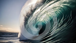 Tsunami big huge large wave. Apocalyptic dramatic background - giant tsunami waves. Hurricane storm waves crashing