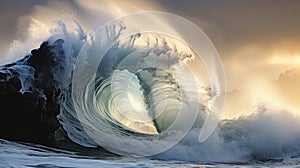 Tsunami big huge large wave. Apocalyptic dramatic background - giant tsunami waves. Hurricane storm waves crashing