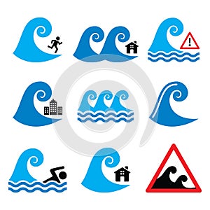 Tsunami, big wave warning, natural disaster icons set - global warning, nature concept