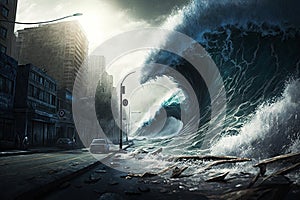 A tsunami covering the city with a giant wave. Generative AI illustration.