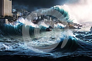 A tsunami covering the city with a giant wave. Generative AI illustration.