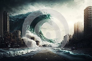 A tsunami covering the city with a giant wave. Generative AI illustration. Cinematic. Realistic.