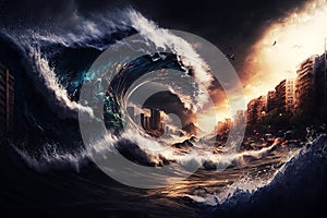 A tsunami covering the city with a giant wave. Generative AI illustration. Cinematic. Realistic.