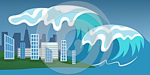 Tsunami disaster. Big wave cover the city. Disaster and catastrophe