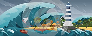 Tsunami flat cartoon seascape panoramic landscape vector illustration background. Panorama of Horrific natural disaster