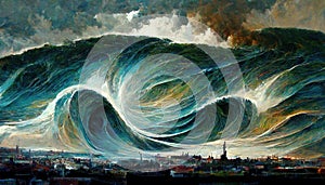 tsunami in front of a city, force of nature illustration, ai generated image