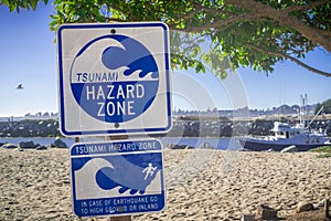 `Tsunami Hazard Zone` warning sign