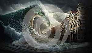 Tsunami hits city, giant sea wave attack buildings, generative AI