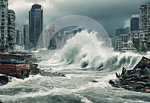 Tsunami hits city, giant sea waves attack buildings