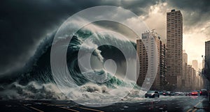 Tsunami hits city, giant sea waves attack buildings, generative AI photo