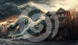 Tsunami hits city, giant sea waves attack houses, generative AI