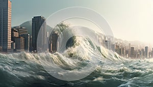 Tsunami hitting a city ai, ai generative, illustration