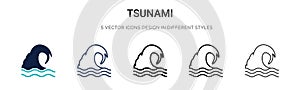 Tsunami icon in filled, thin line, outline and stroke style. Vector illustration of two colored and black tsunami vector icons