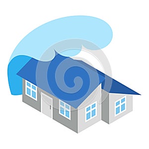 Tsunami icon isometric vector. Big wave of tsunami over residential house icon