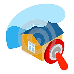 Tsunami icon isometric vector. Big wave of tsunami over residential house icon