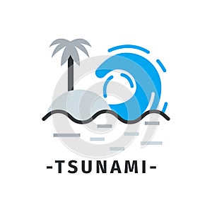 Tsunami icon with text in simple flat style. Sea wave and tropical island with palm tree. Natural disaster. Flat vector
