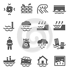 Tsunami, inundation bold black silhouette icon isolated on white. Deluge, spate, tornado.