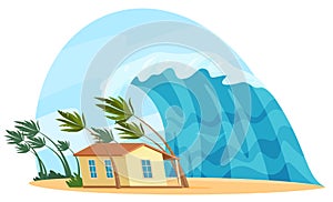 Tsunami. A natural disaster of a destructive large-scale nature. Destruction of human habitation. Vector illustration