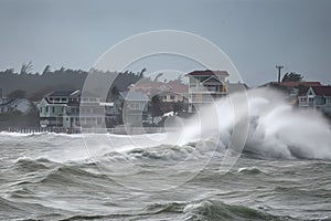 tsunami tidal wave crashing a coastal town. Generative Ai.