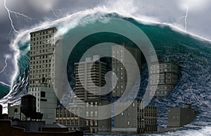 Tsunami tidal wave crashing costal town