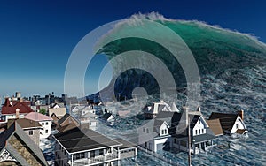 Tsunami wave apocalyptic water view urban flood Storm. 3D illustration