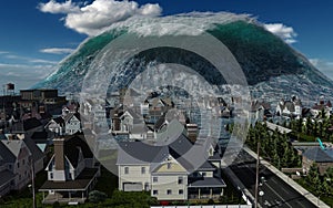 Tsunami wave apocalyptic water view urban flood Storm. 3D illustration