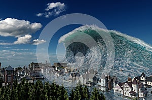 Tsunami wave apocalyptic water view urban flood Storm. 3D illustration