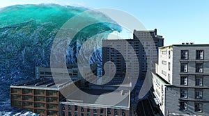 Tsunami wave apocalyptic water view urban flood Storm. 3D illustration